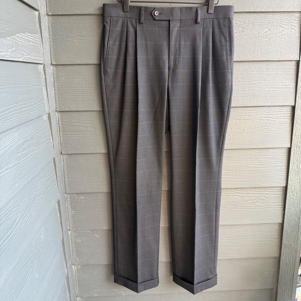 Ralph Lauren Gray Windowpane Pleated Dress Pants Mens 32x30 Classic Fit